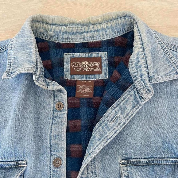 Levi Strauss & Co. Mens Denim Shirt Jacket L‎ Blue Plaid Lined Button Front - Picture 5 of 10